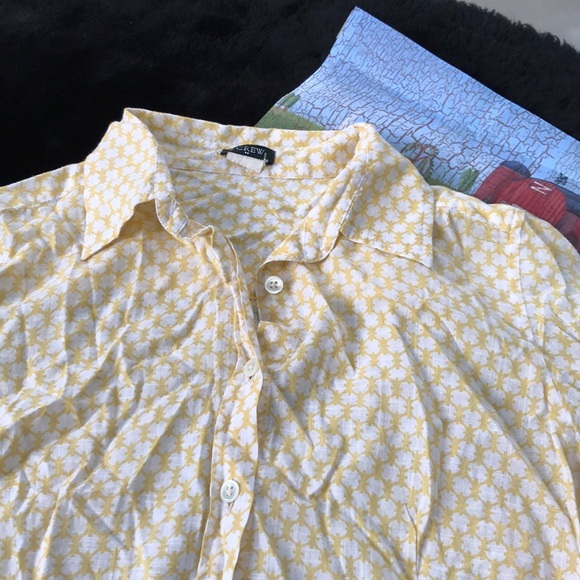 J. Crew Yellow White Long Sleeves Button Down Up Fitted Blouse S Small Circles - Picture 8 of 15
